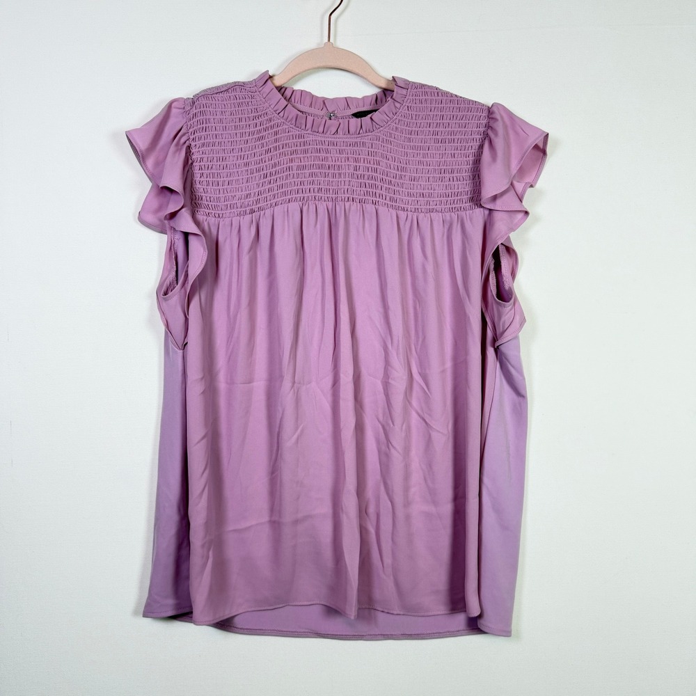 ANN TAYLOR Lavender Smocked Yoke Ruffle Sleeve Blouse Size L